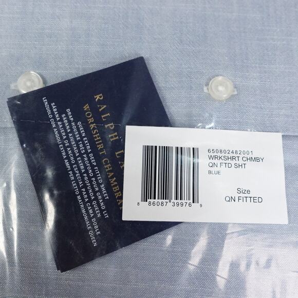 New Ralph Lauren Workshirt Chambray Queen Extra Deep Fitted Sheet Lt Blue $215 - Picture 7 of 8